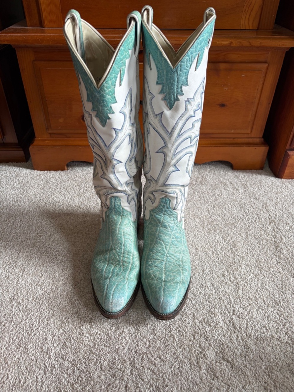 Vintage Larry Mahan Triad Turquoise White Cowboy Boots Men 9.5D / Women 11-11.5W
